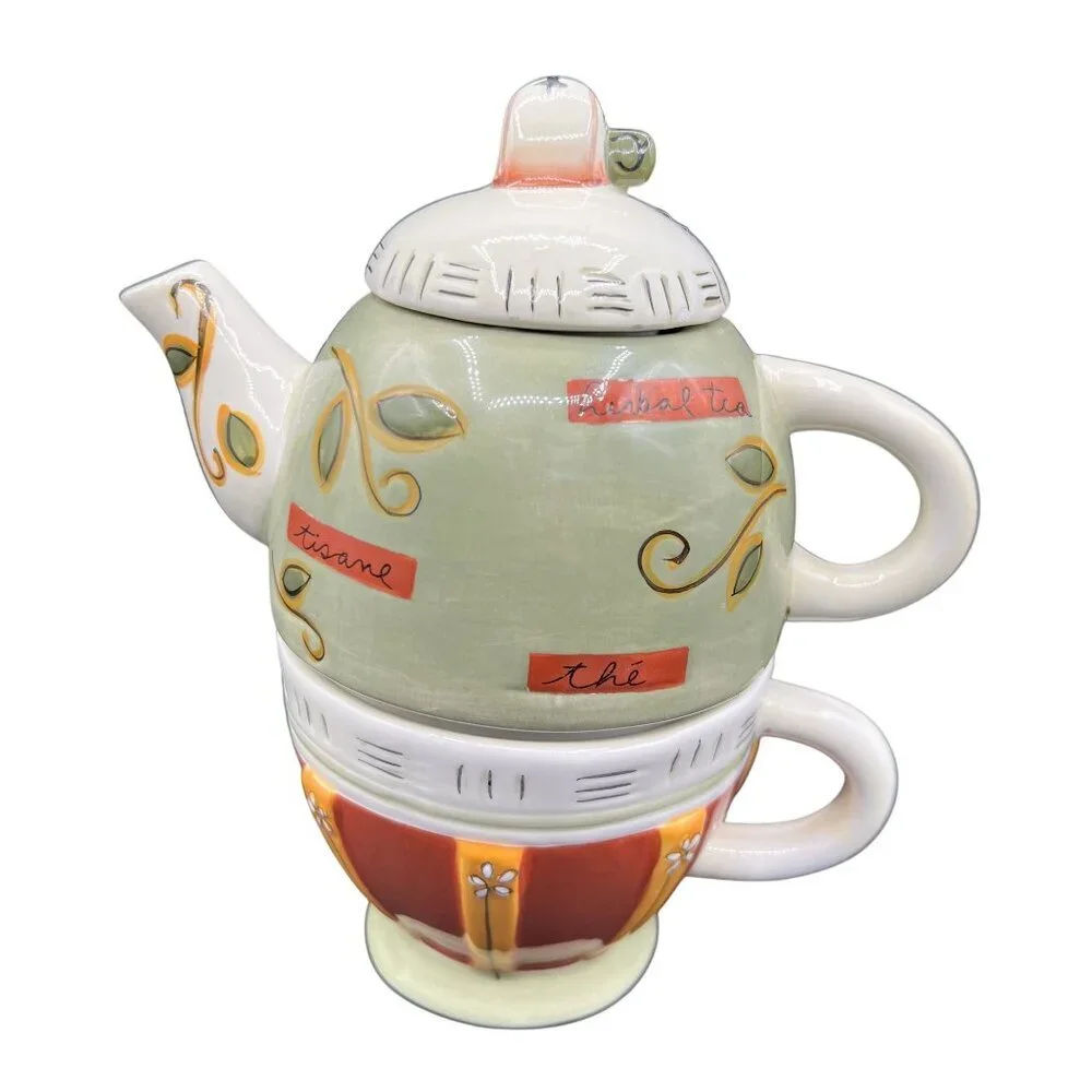 Collectible Tea For One Set Teapot Teacup Stackable Joie de Vivre pattern by MSC